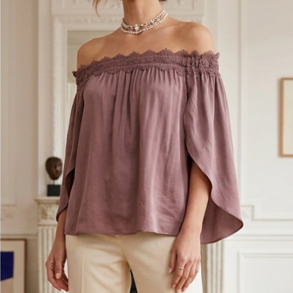 Antonio Melani Mauve Off-The-Shoulder Bell Sleeve Lace Trim Blouse Large